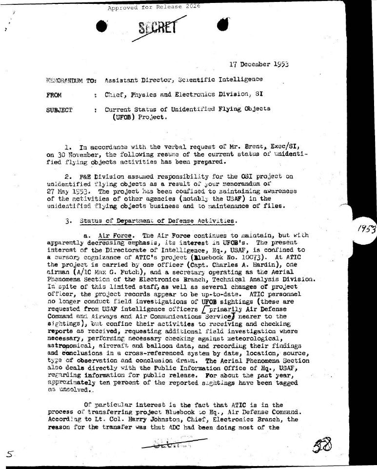 Memorandum with the subject "Current Status of Unidentified Flying Objects (UFOB) Project".