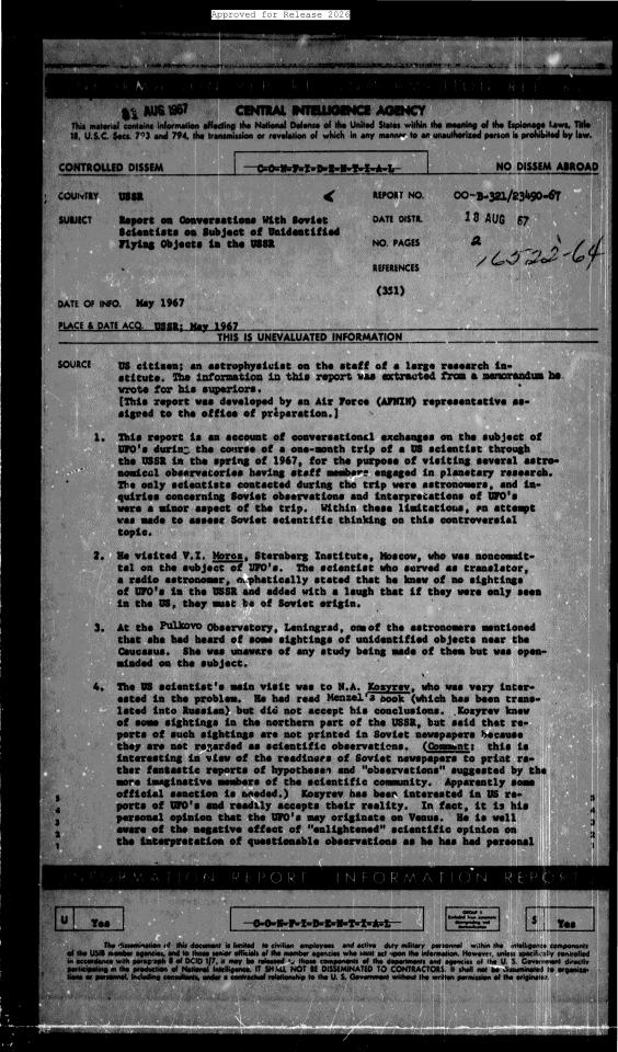 A document with the subject "Report on Conversations With Soviet Scientists".