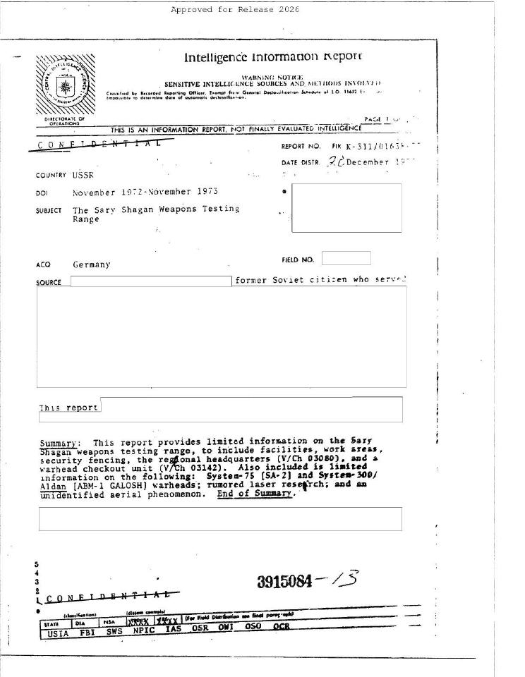Intelligence Information Report cover page with subject "The Sary Shagan Weapons Testing Range".