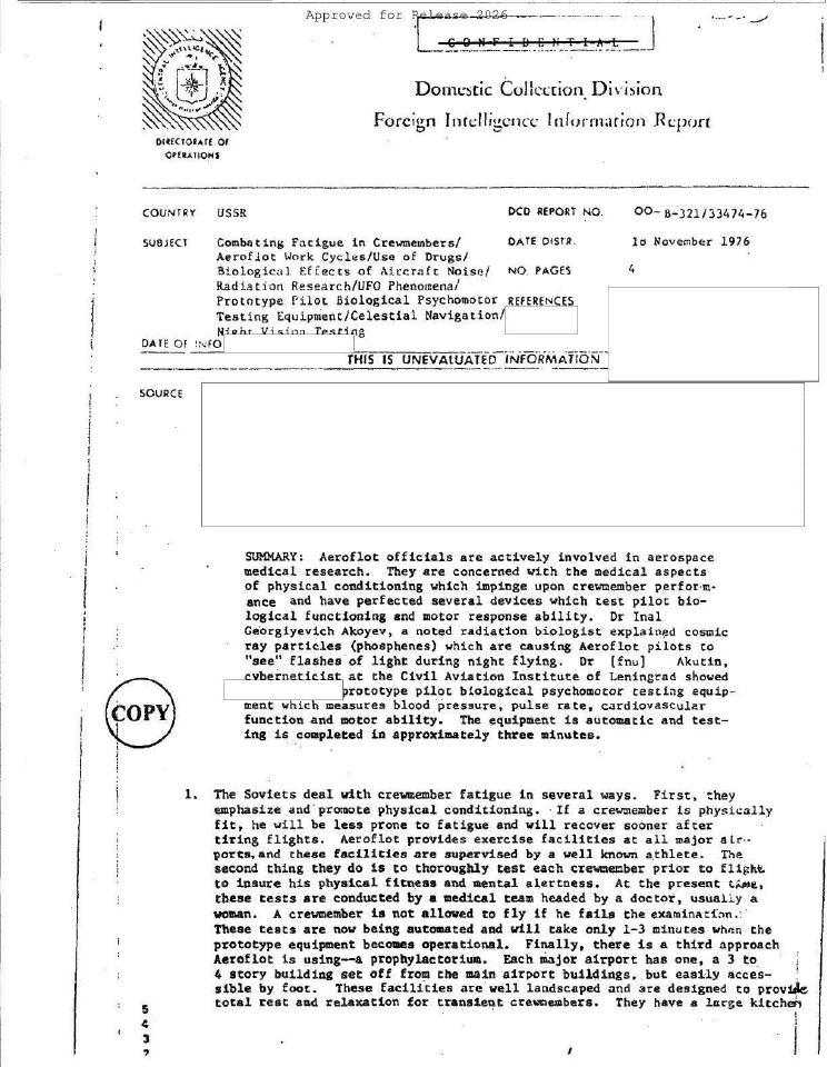 Foreign Intelligence Information Report cover page.