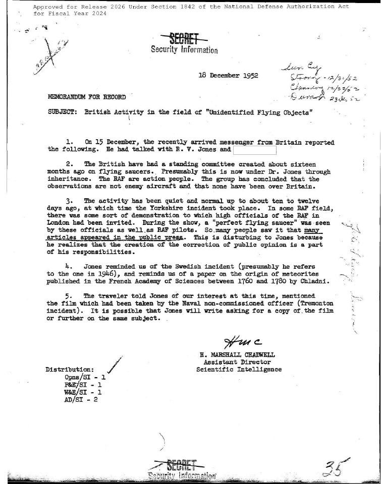 Memorandum for record about "Unidentified Flying Objects".