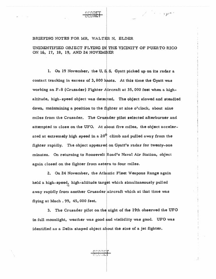 Briefing materials prepared for Mr. Walter N. Elder, Executive Assistant to the Director of the CIA, regarding a reported unidentified flying object.