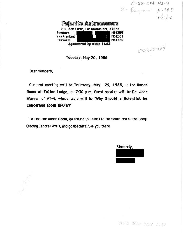 A letter announcing an upcoming talk on UFOs.