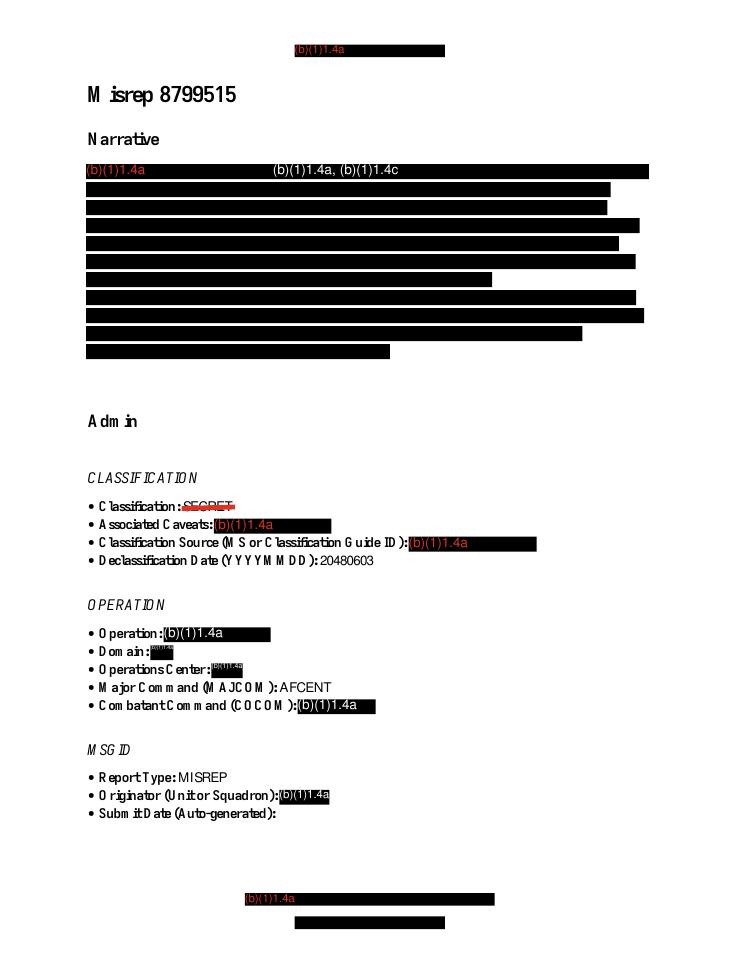 Heavily redacted government mission report document.