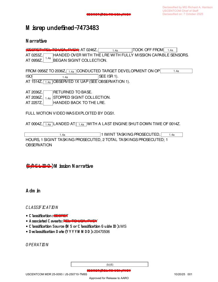 Redacted government mission report document.