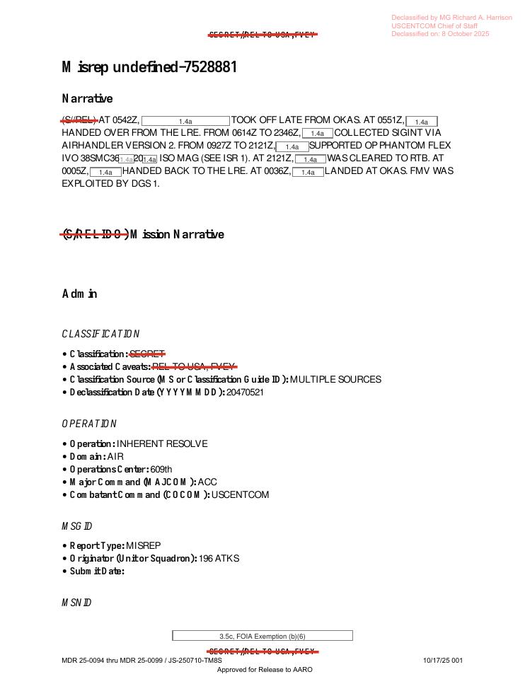 Redacted government mission report document.