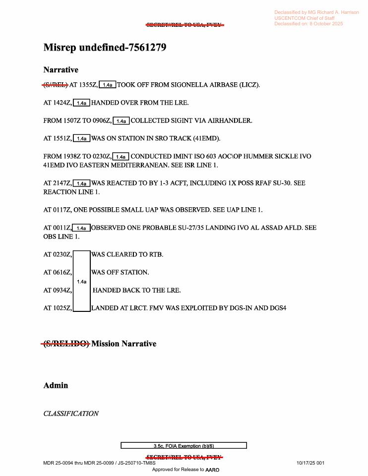 Redacted government mission report document.