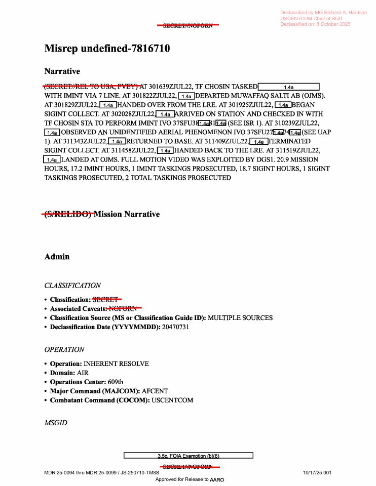 Redacted government mission report document.