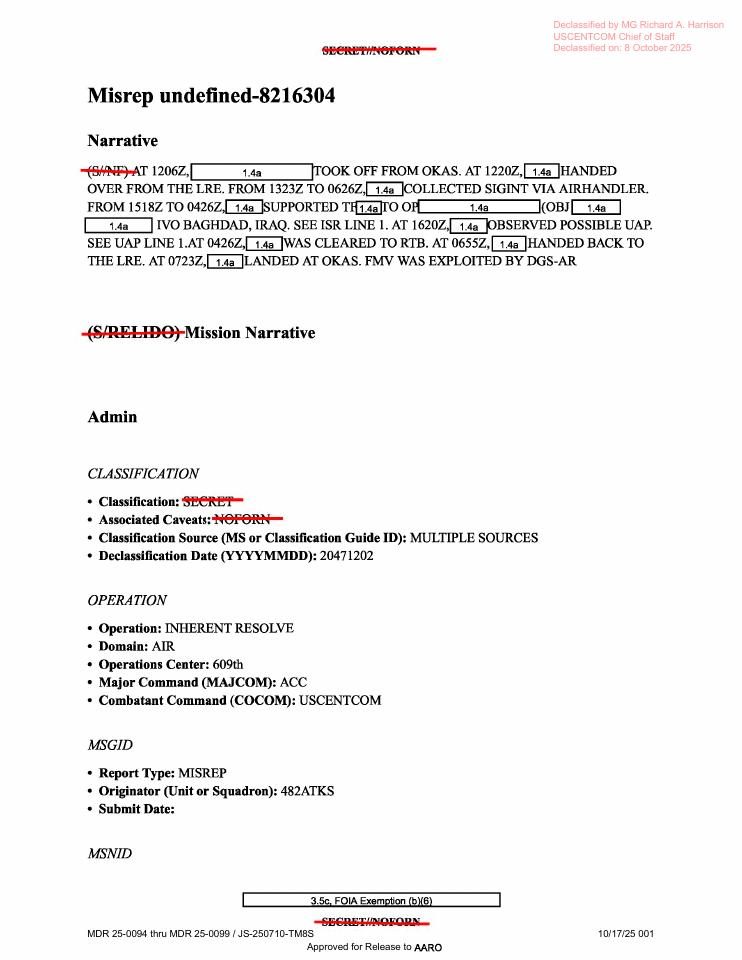Redacted government mission report document.