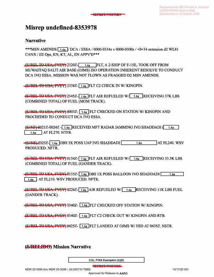 Redacted government mission report document.