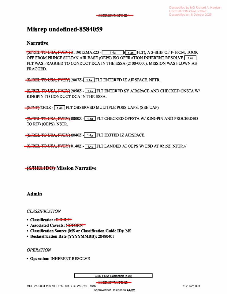 Redacted government mission report document.