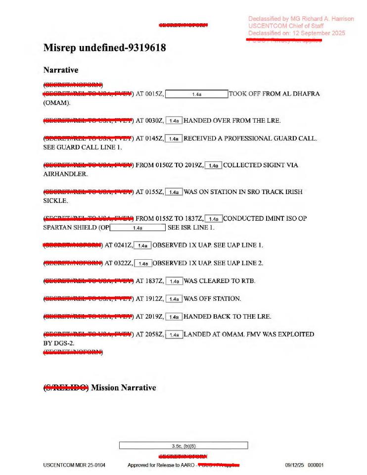 Redacted government mission report document.