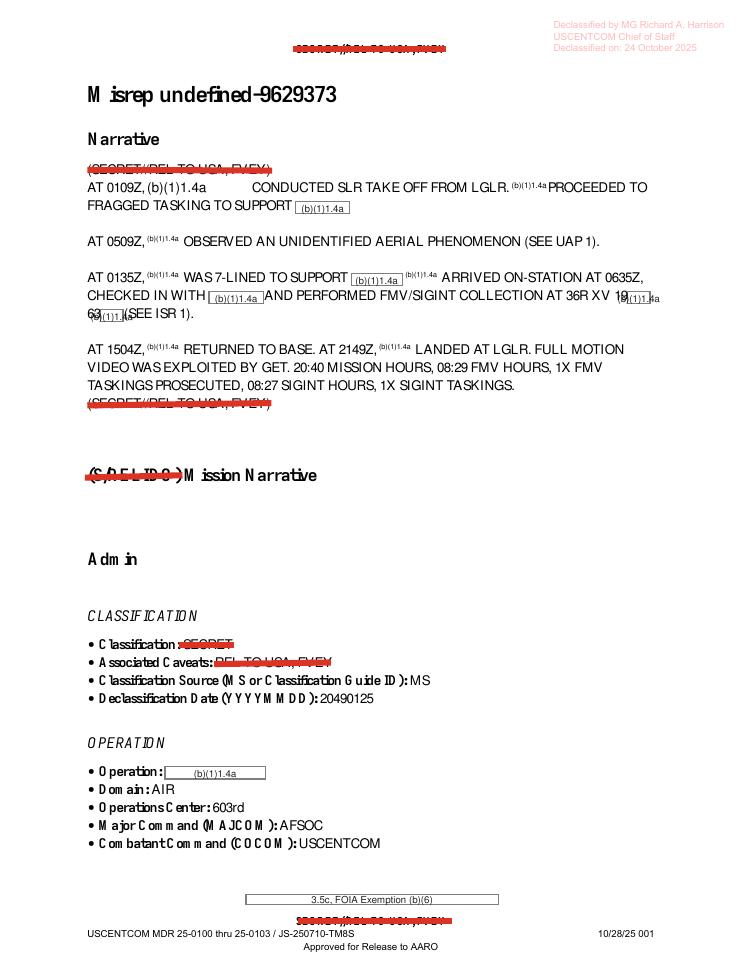 Redacted government mission report document.