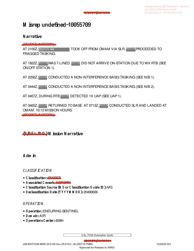 Redacted government mission report document.