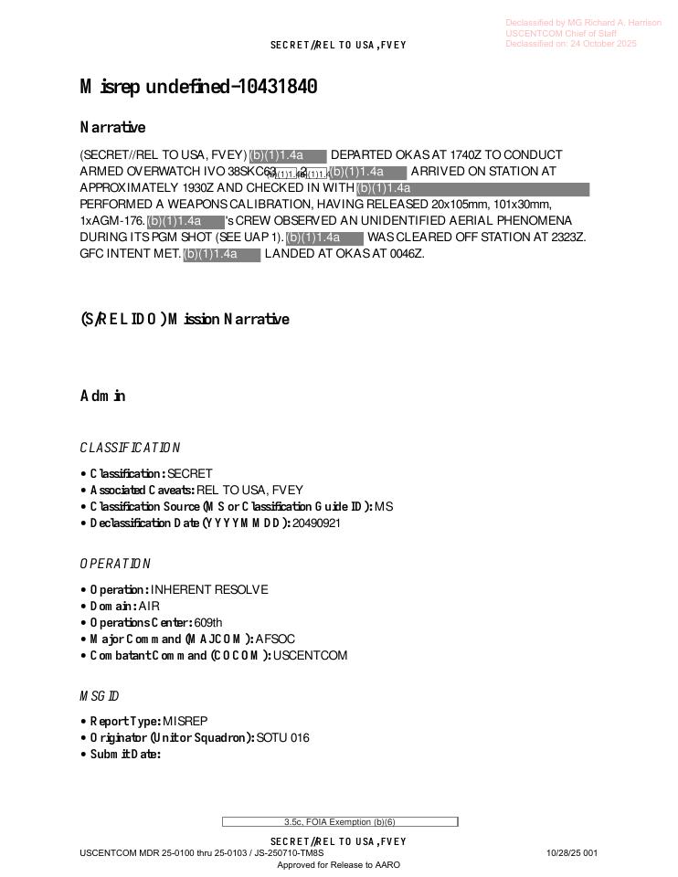 Redacted government mission report document.