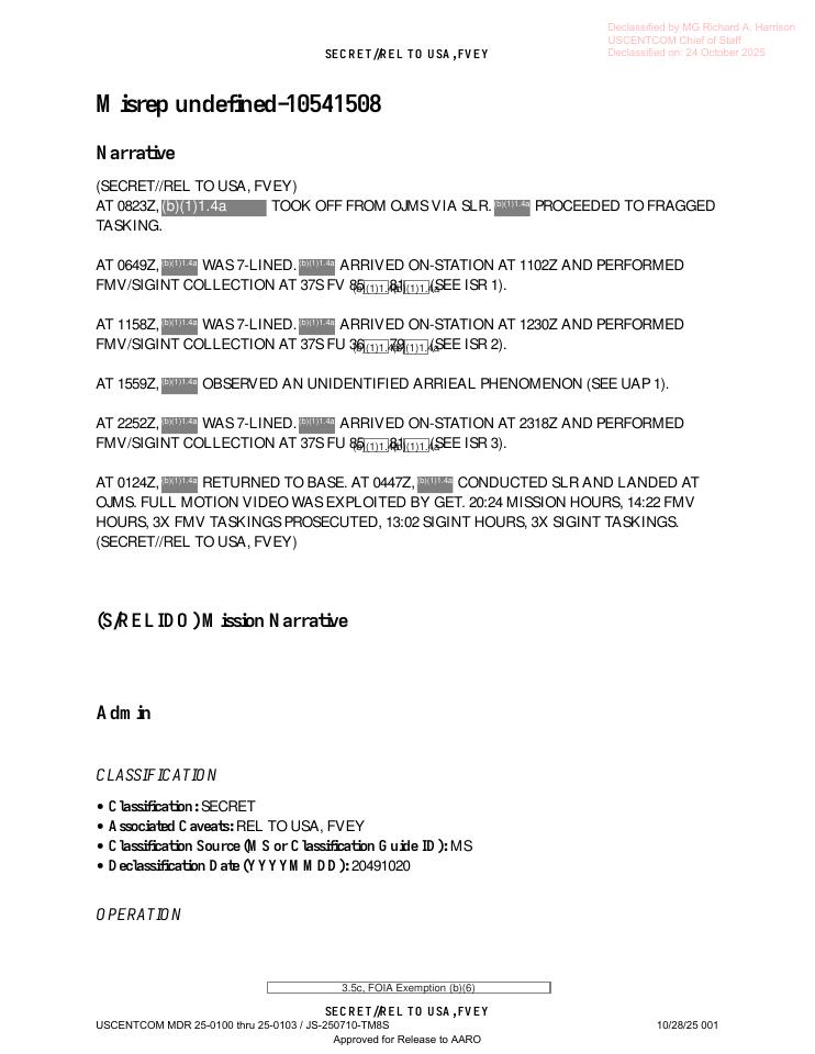 Redacted government mission report document.