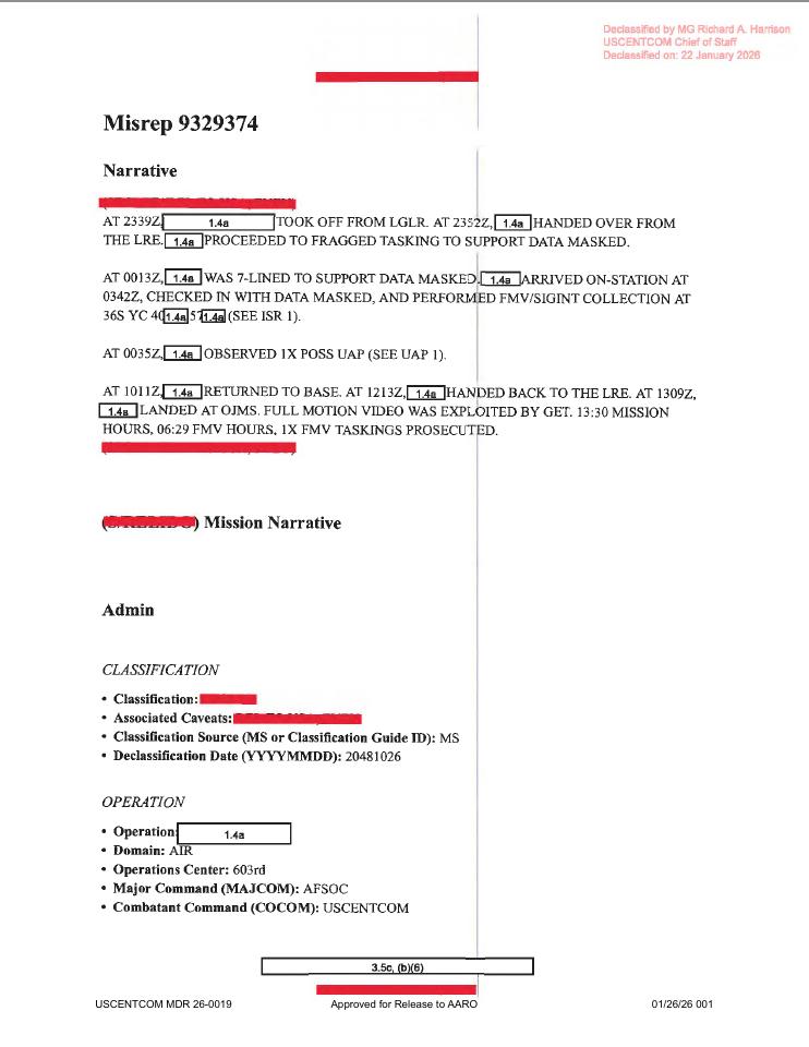 Redacted government mission report document.