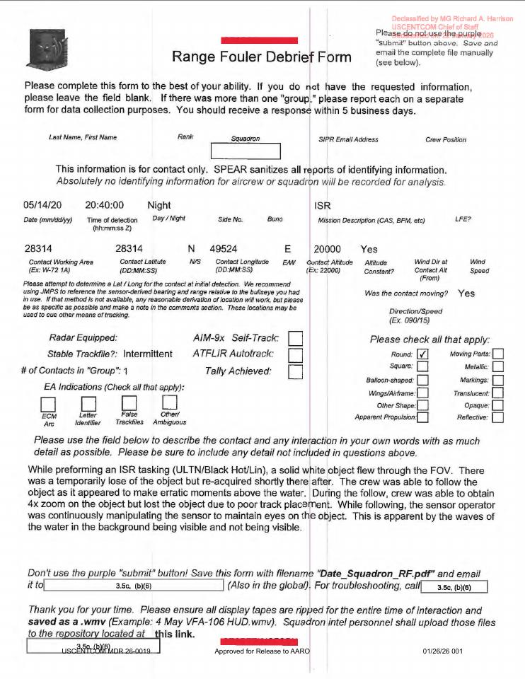 Declassified Range Fouler Debrief Form with redacted information.