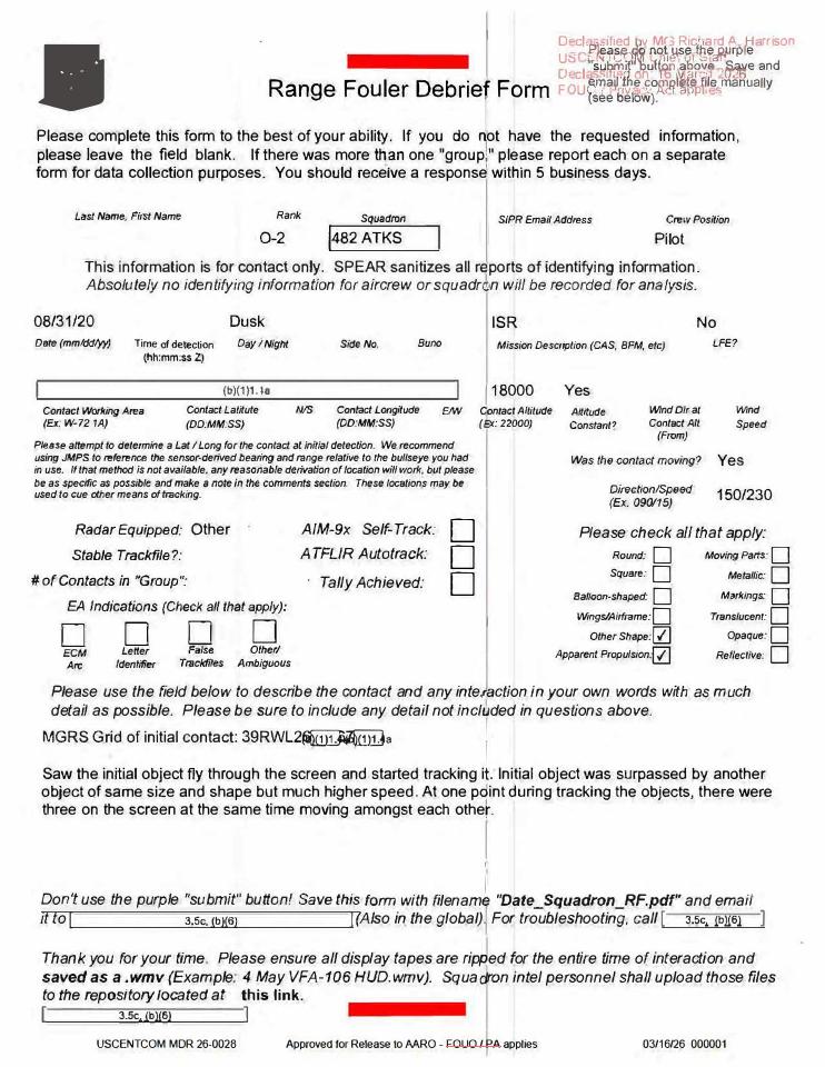 Declassified Range Fouler Debrief Form with redacted information.