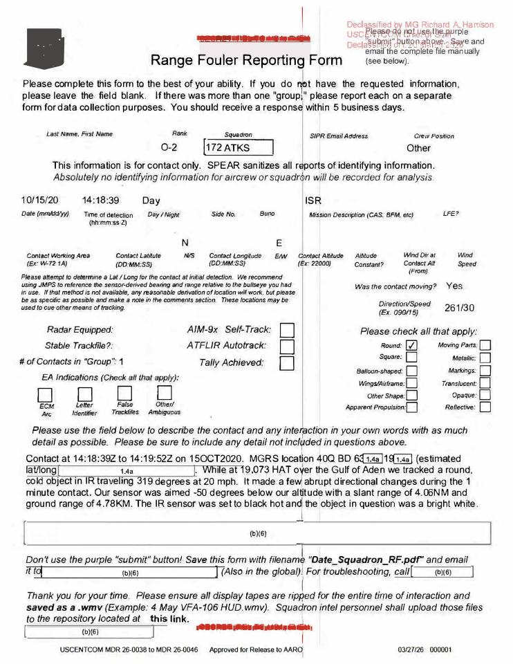 Declassified Range Fouler Debrief Form with redacted information.