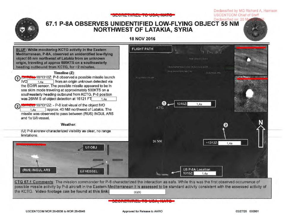 Declassified intelligence slide from USCENTCOM showing the observation of an unidentified low-flying object.