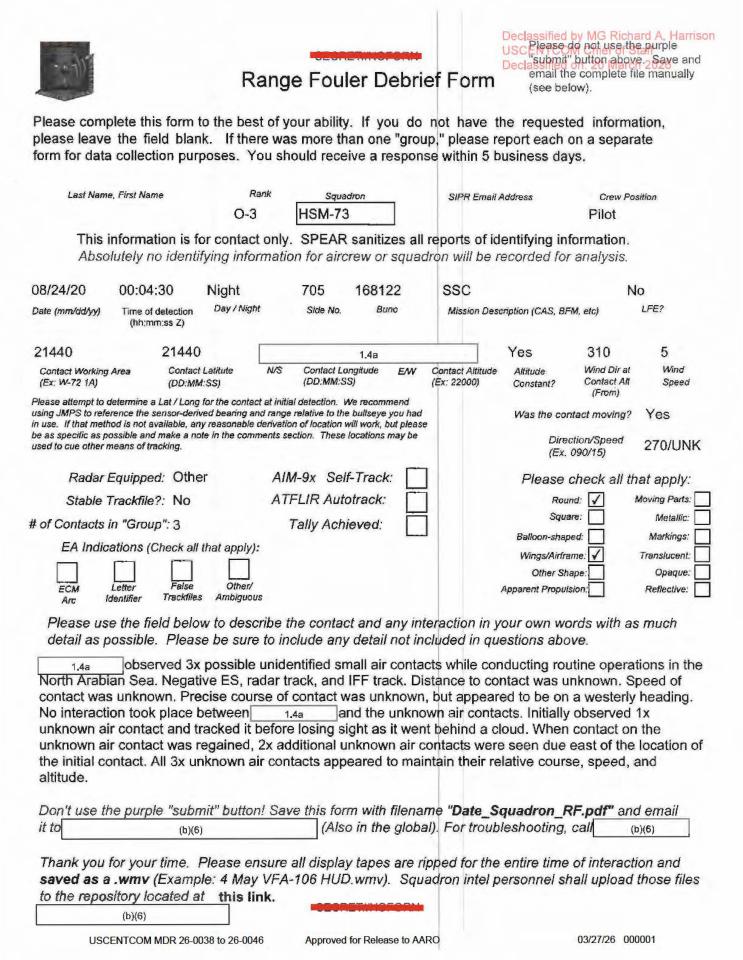 Declassified Range Fouler Debrief Form with redacted information.