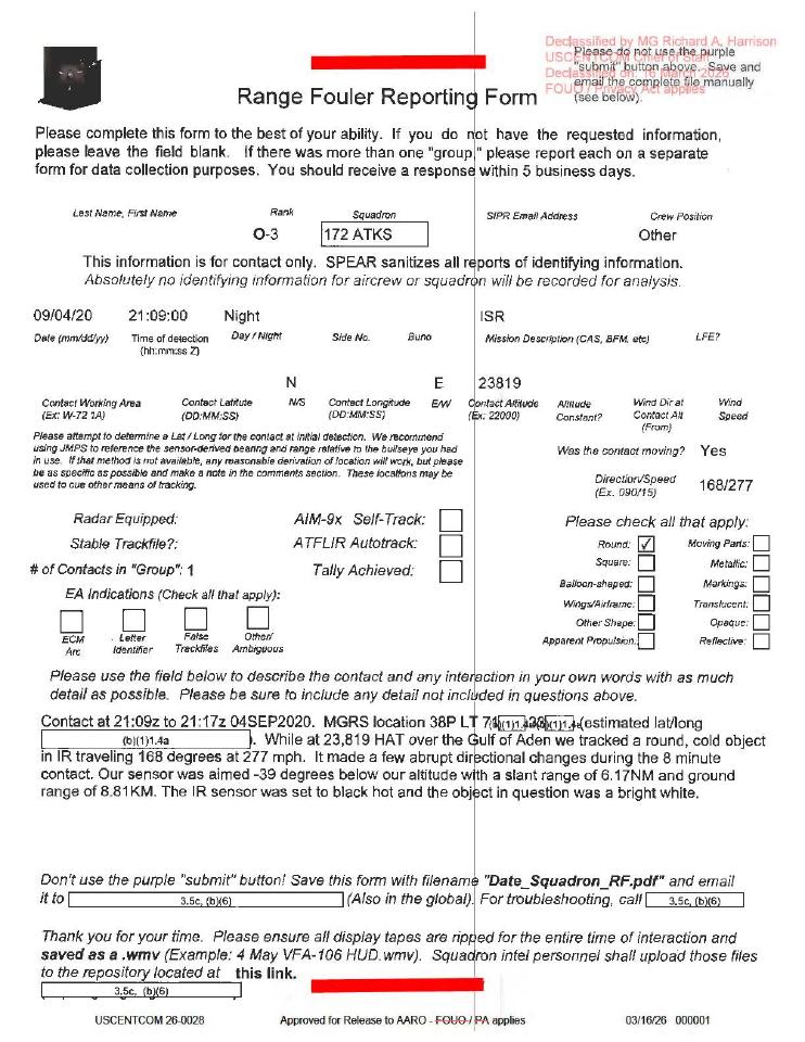 Declassified Range Fouler Debrief Form with redacted information.