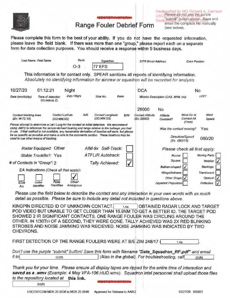 Declassified Range Fouler Debrief Form with redacted information.