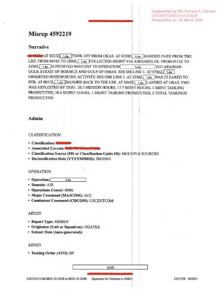 Redacted government mission report document.