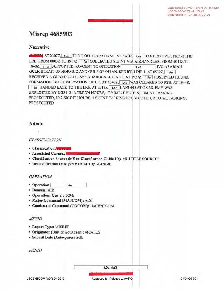 Redacted government mission report document.