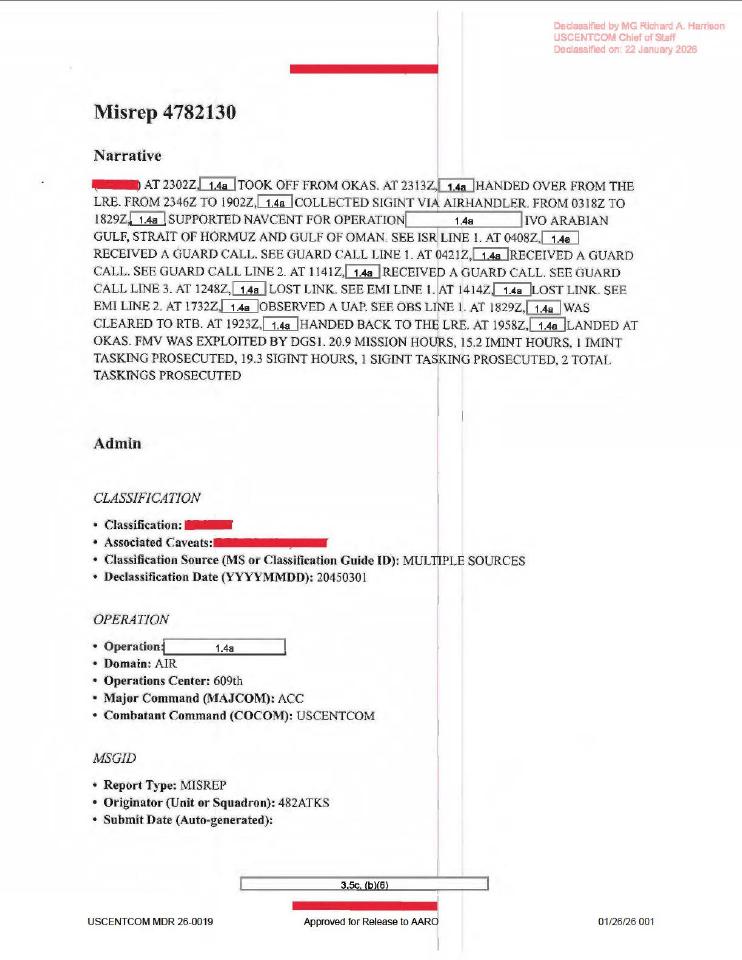 Redacted government mission report document.
