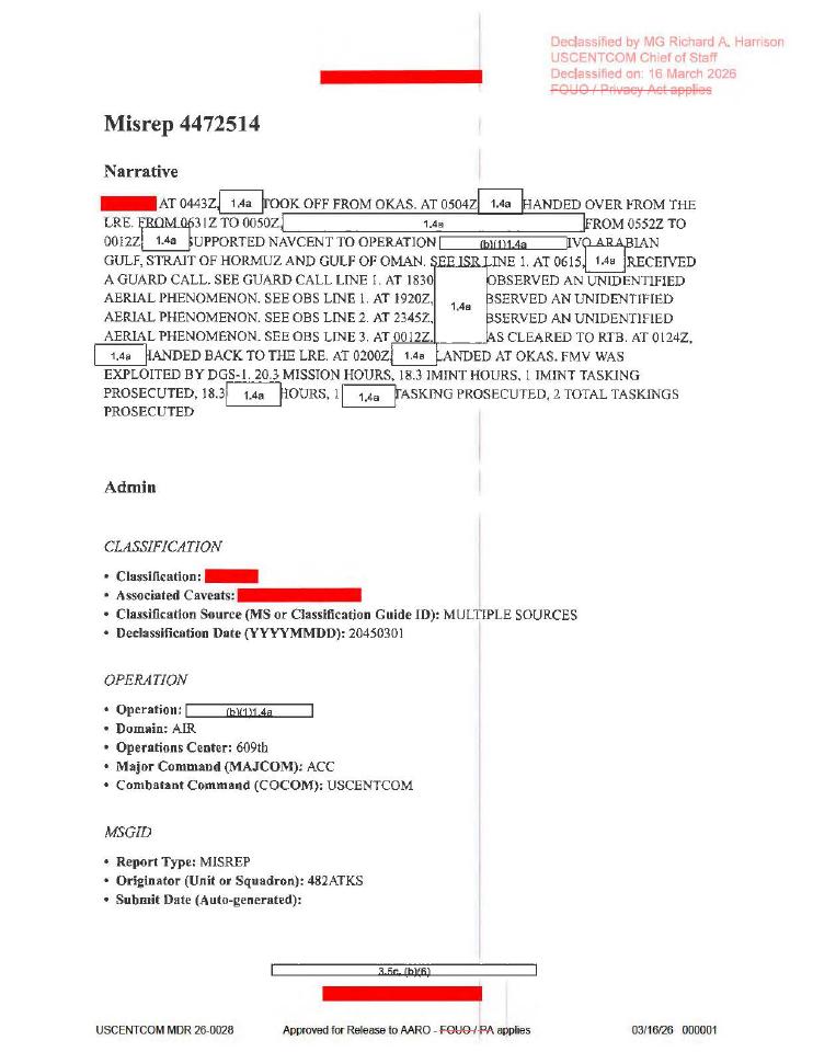 Redacted government mission report document.