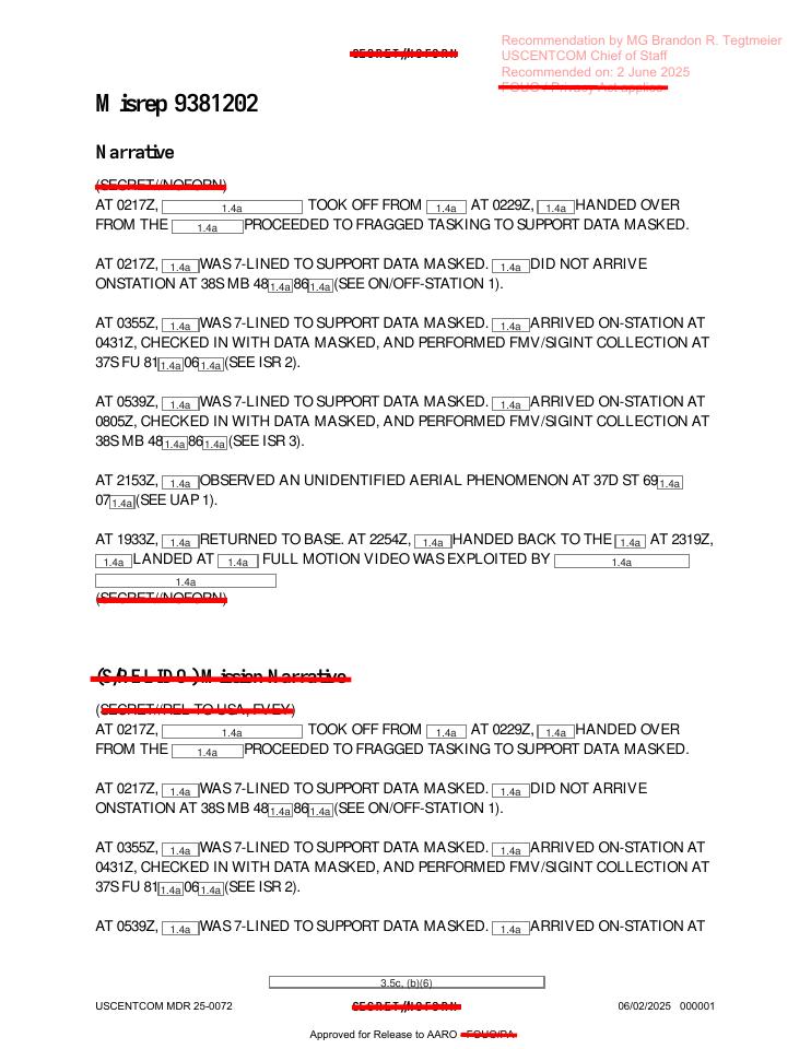 Redacted government mission report document.