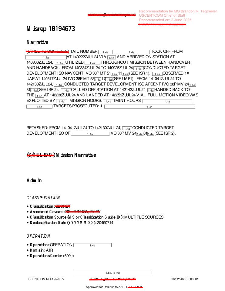 Redacted government mission report document.