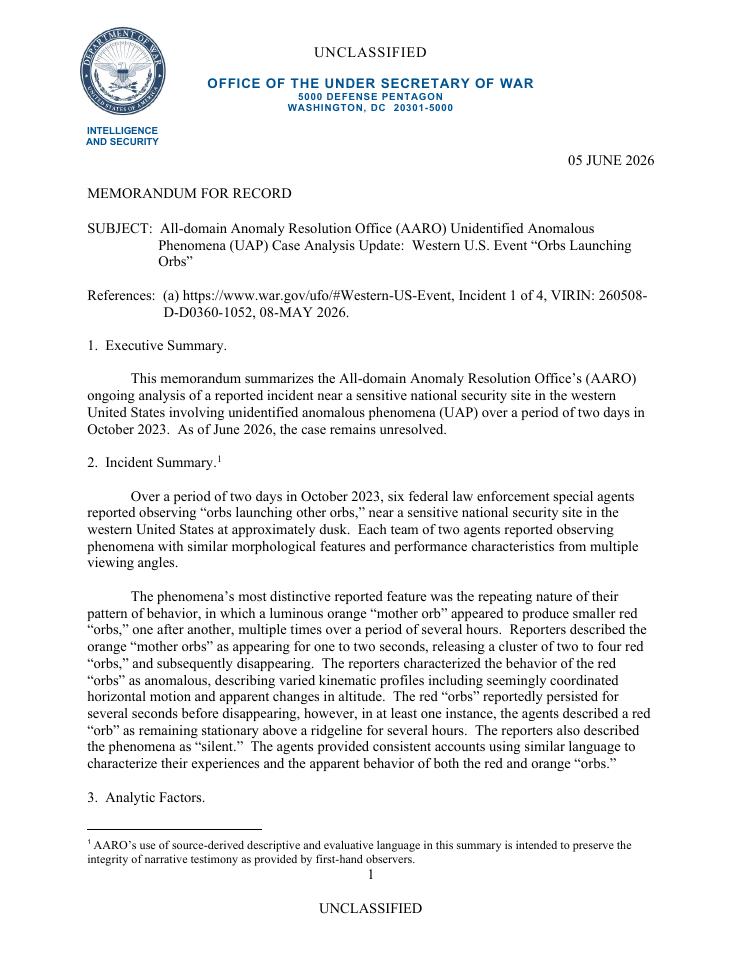 A Department of War memorandum about orbs.