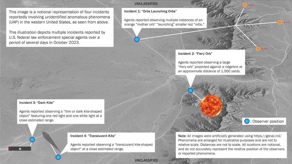 Map with text explaining four UAP incidents.