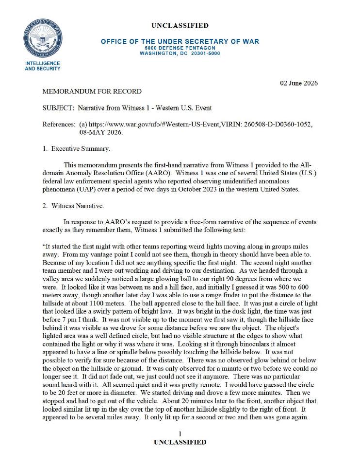 A Department of War memorandum with a witness narrative.
