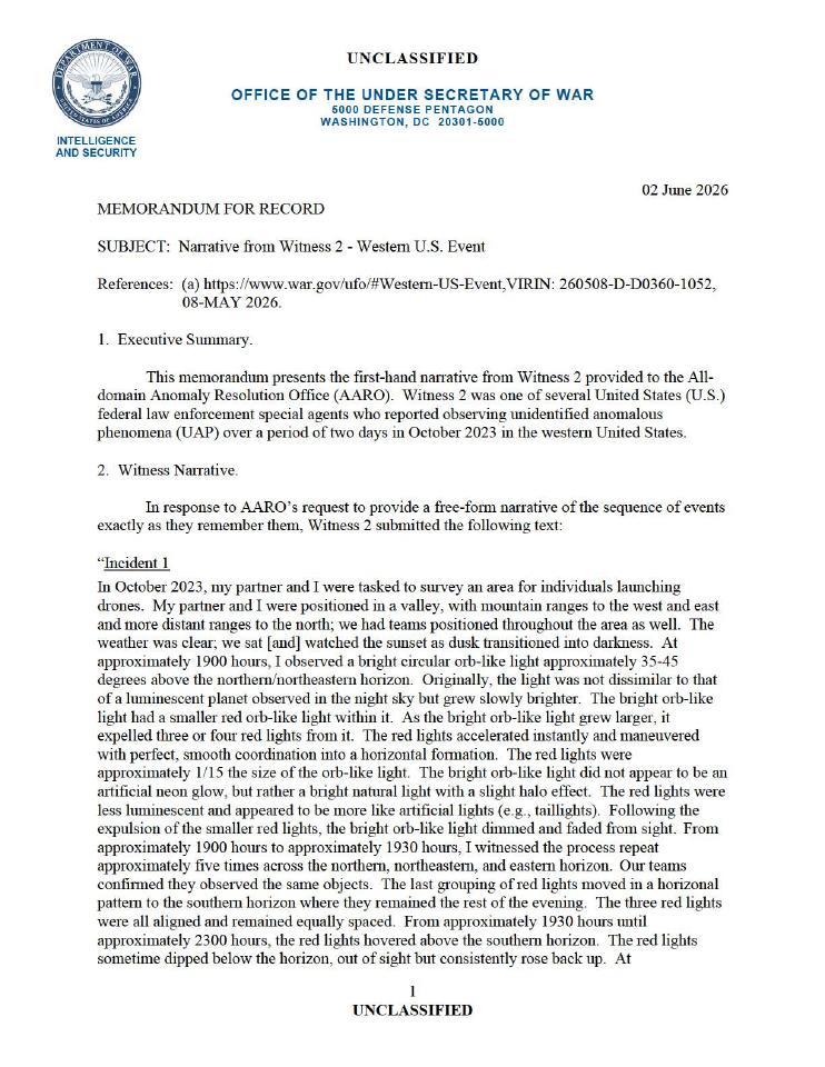 A Department of War memorandum with a witness narrative.