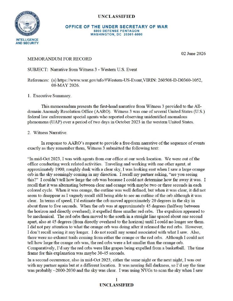 A Department of War memorandum with a witness narrative.