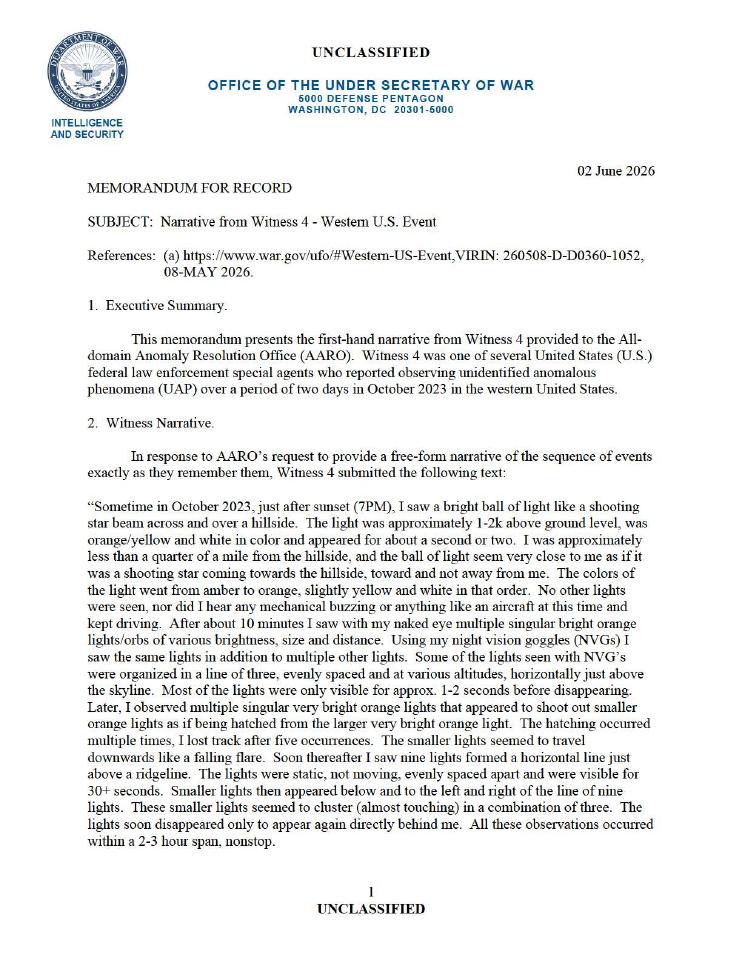 A Department of War memorandum with a witness narrative.