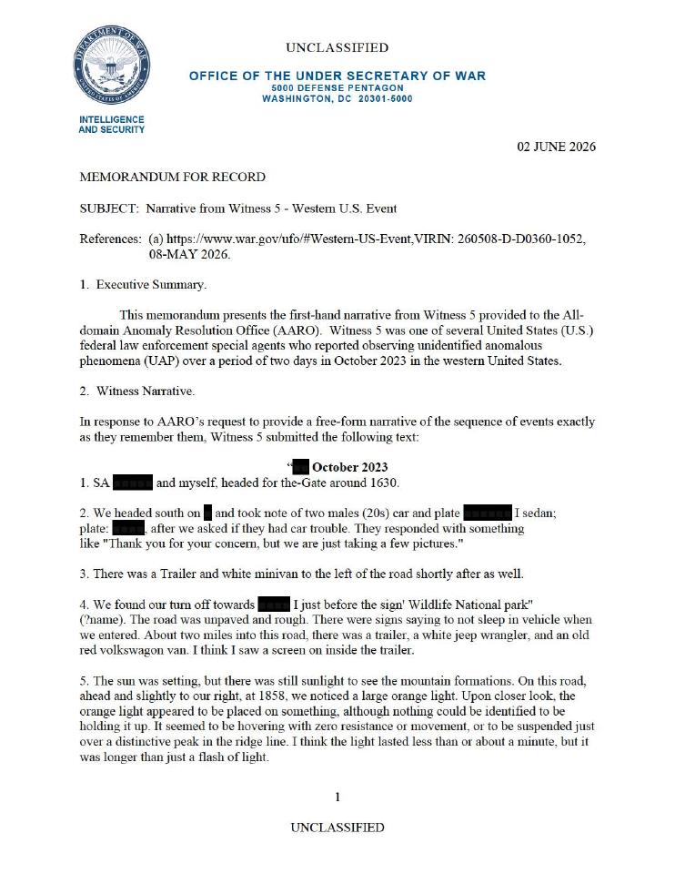A Department of War memorandum with a witness narrative.
