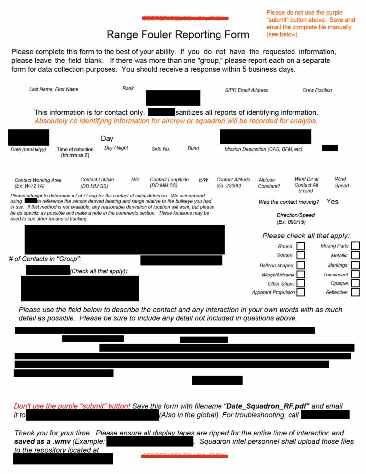 A Range Fouler Debrief, a standardized reporting form the U.S. Navy uses to record the circumstances surrounding an unauthorized intrusion into controlled airspace during active military operations or training.