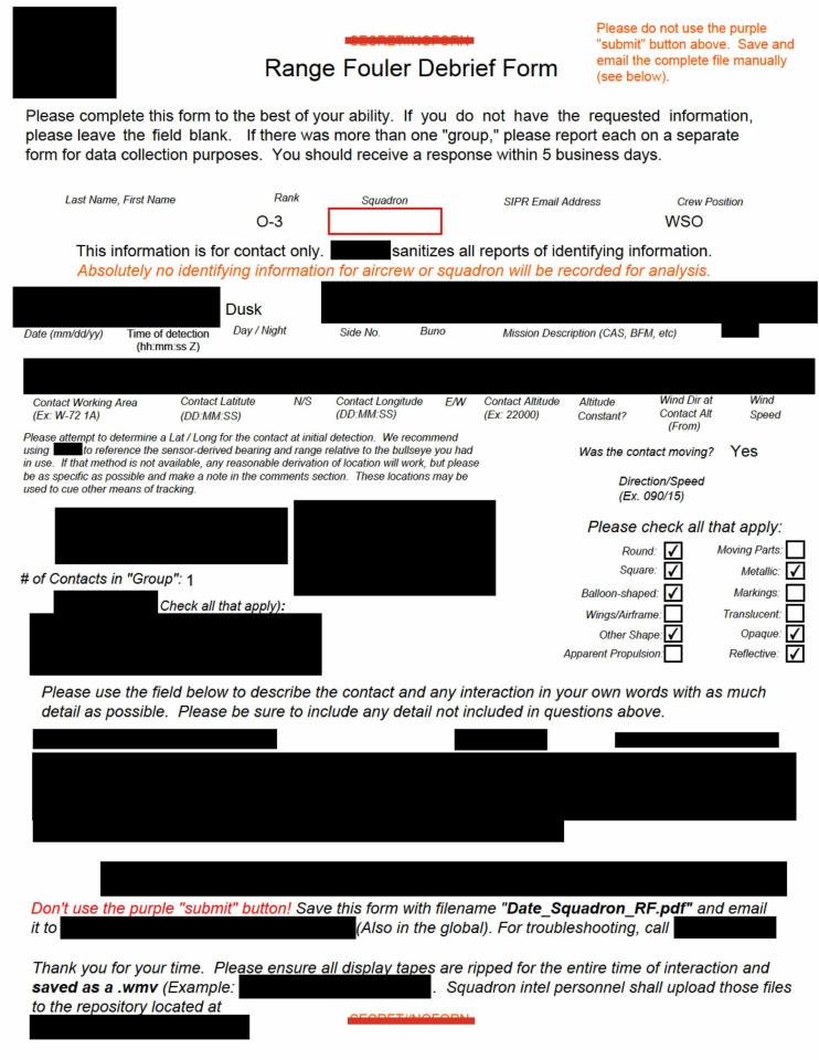 A Range Fouler Debrief, a standardized reporting form the U.S. Navy uses to record the circumstances surrounding an unauthorized intrusion into controlled airspace during active military operations or training.