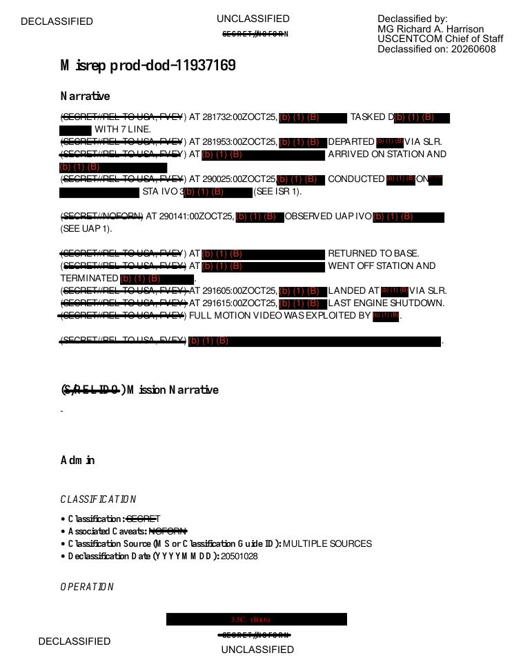Military mission report with headings, dates, and redacted text.