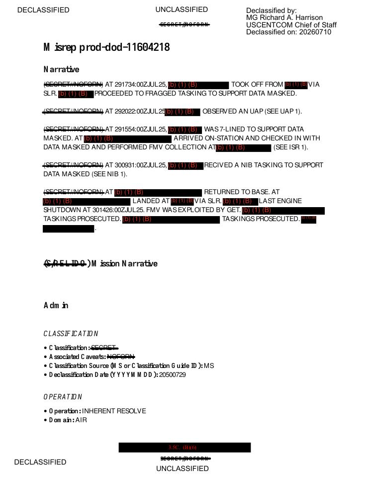 Military mission report with headings, dates, and redacted text.