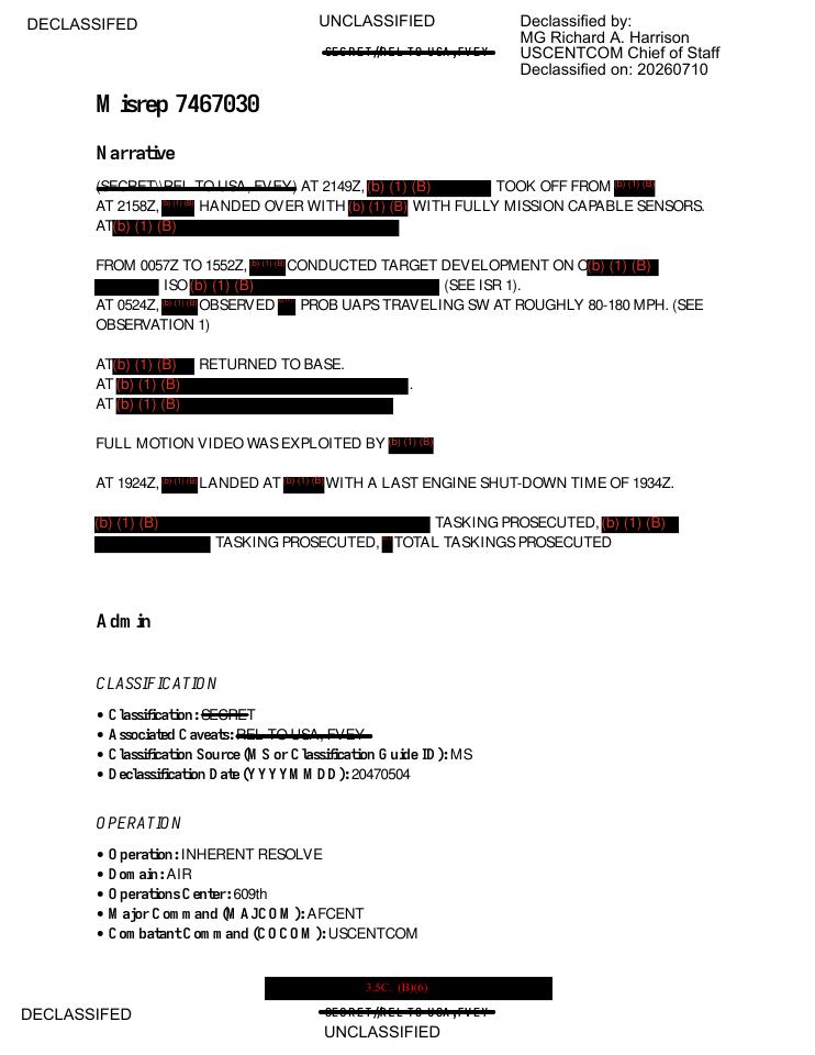 Military mission report with headings, dates, and redacted text.