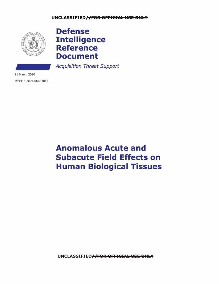 Text page discusses how electromagnetic fields may induce physical sensations or subacute injuries in people and animals.