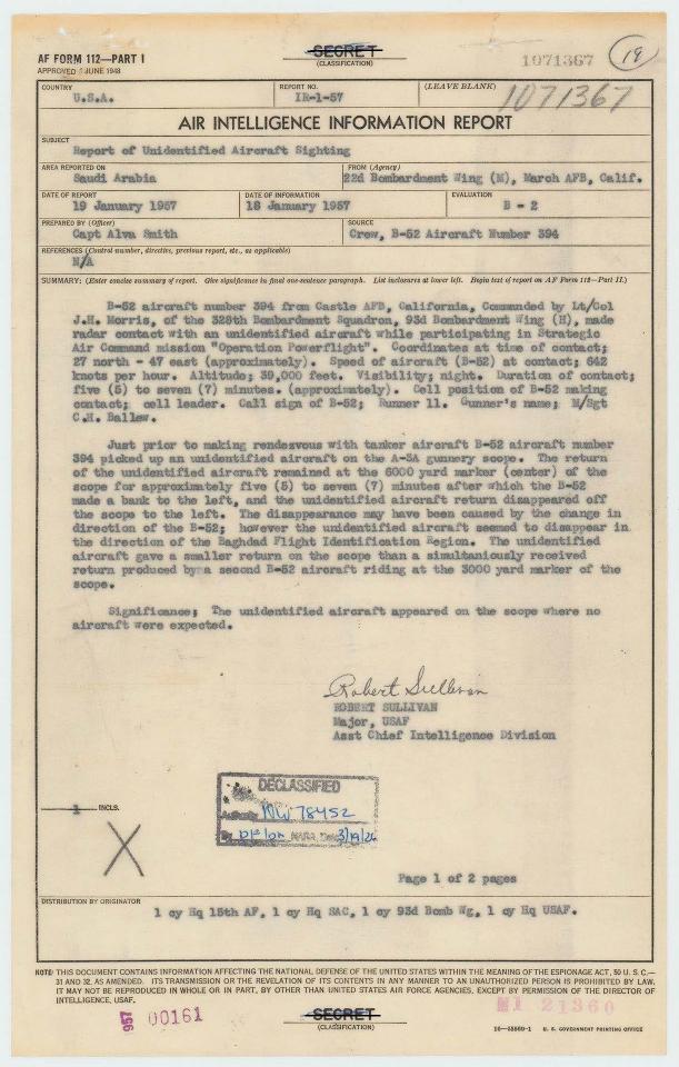 First page of a 1957 Air Intelligence Information Report about a radar return over Saudi Arabia.