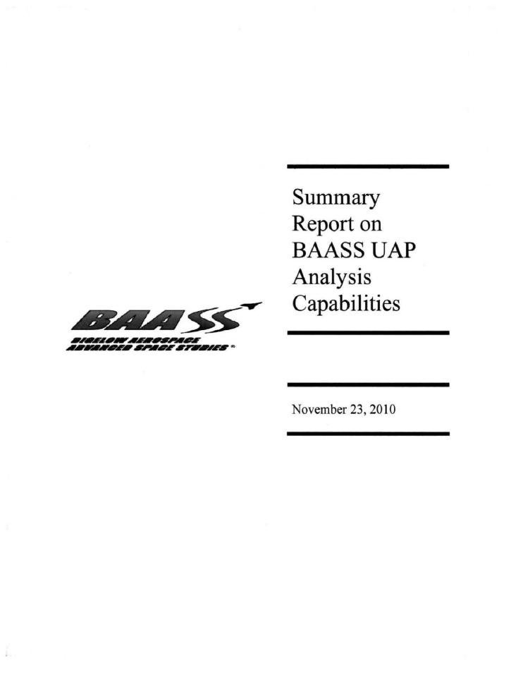 First page of BAASS's November 2010 self-assessment of UAP analysis capabilities.