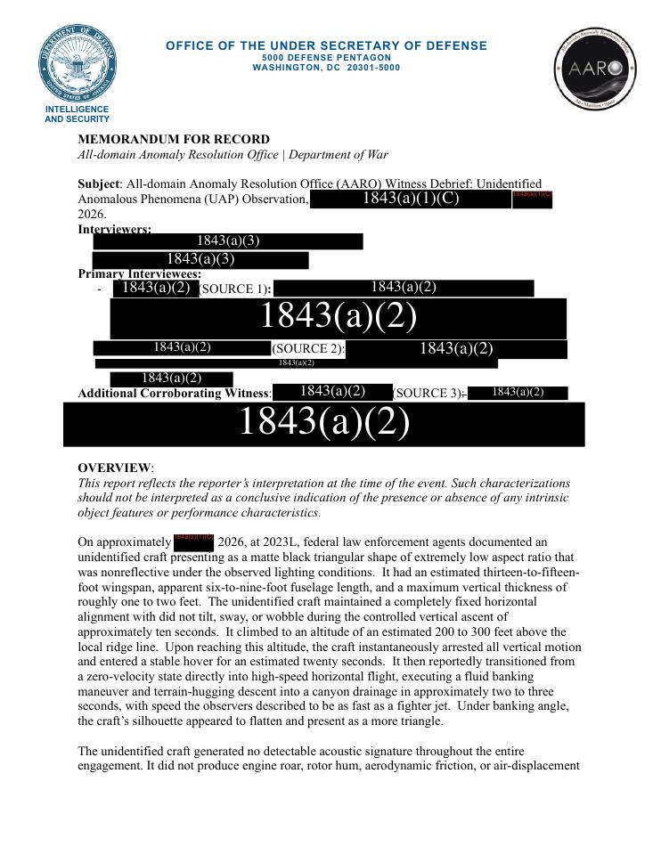 First page of an AARO memorandum about a reported triangular UAP in 2026.